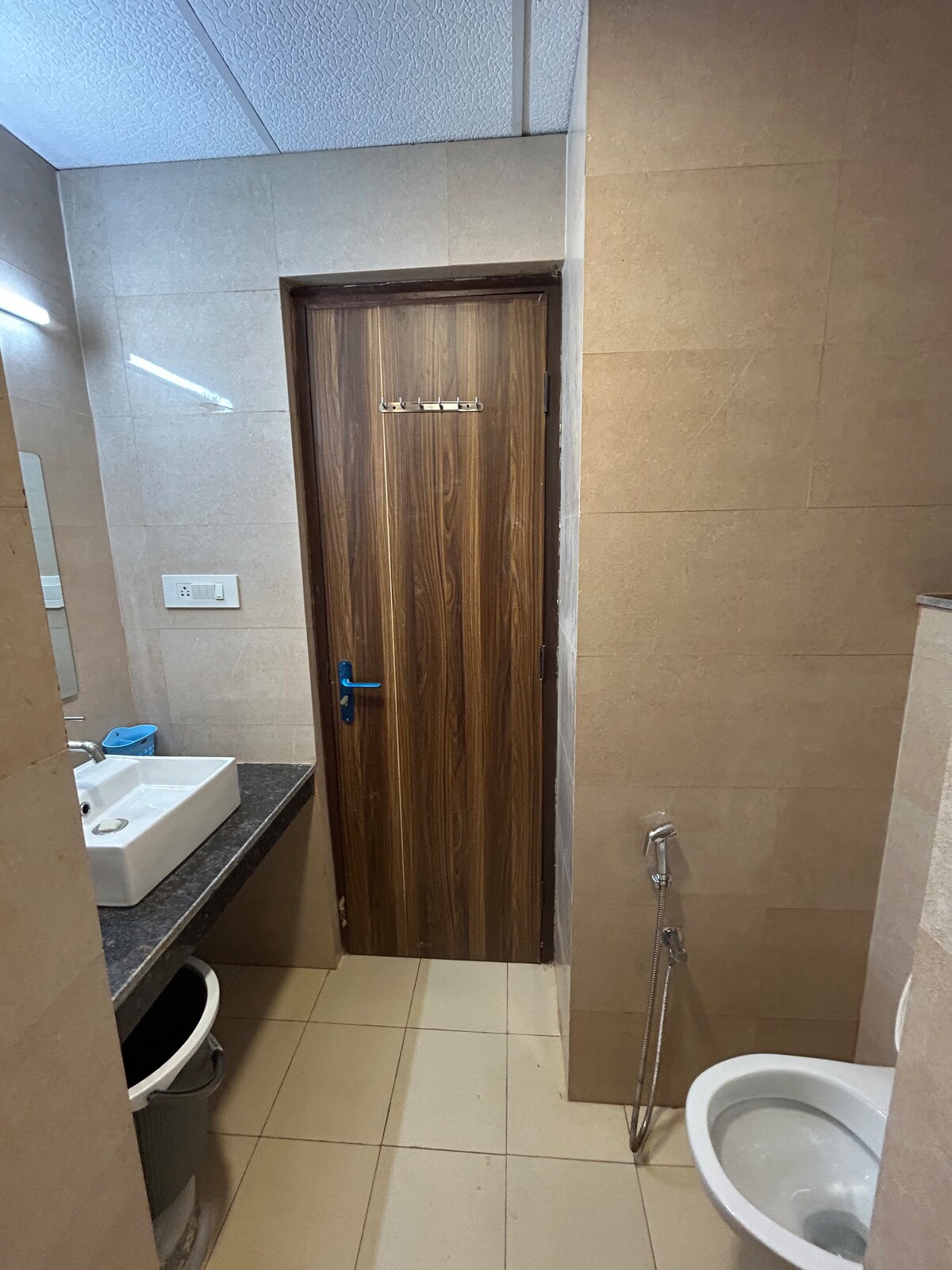 A modern bathroom is presented with light-colored tiles and earthy tones. A sleek white sink is positioned on a dark countertop, and a large mirror reflects the space. A doorway leads to the outside, while a white toilet is visible on one side.