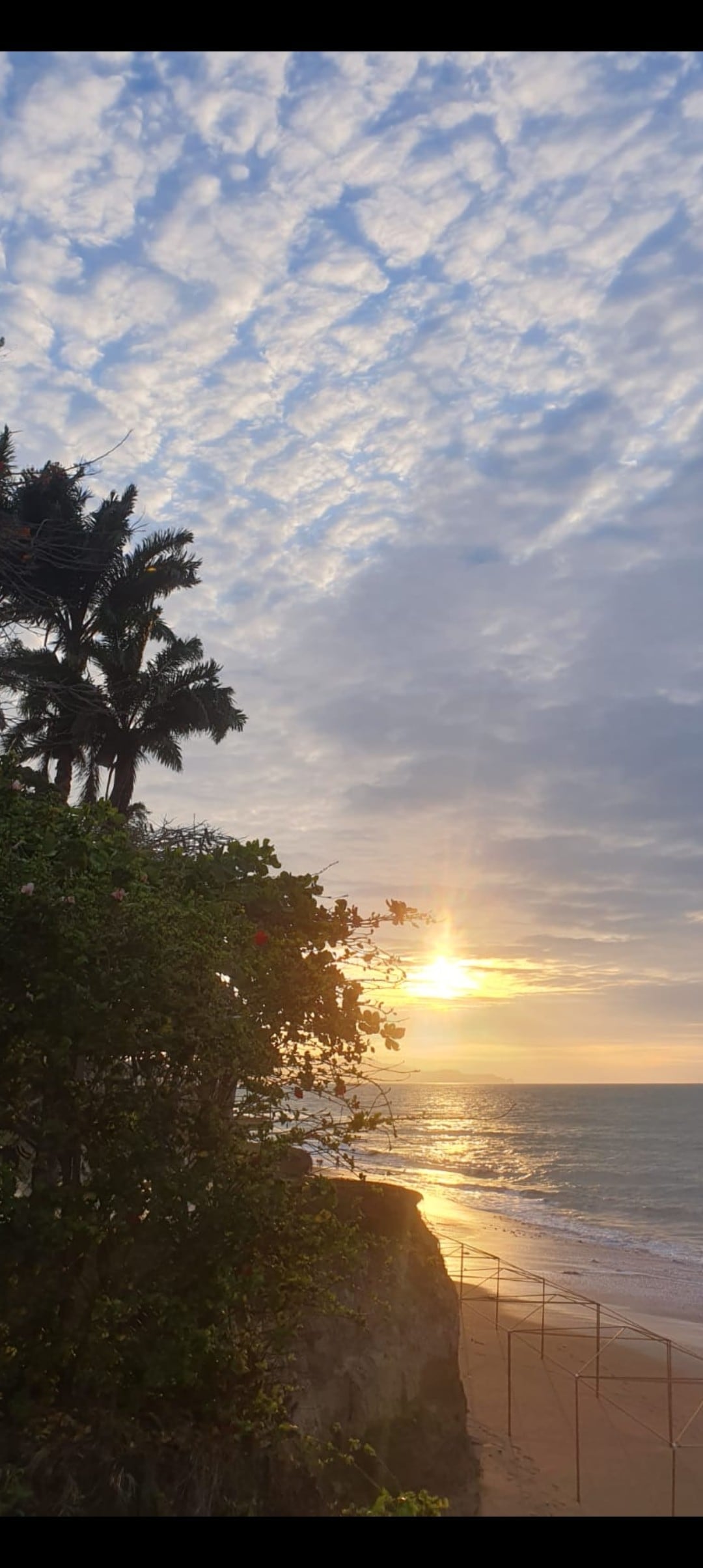 A view of the beach during sunset is captured, with vibrant colors reflecting on the water. Palm trees are seen on the left, framing the scene, while waves lap gently at the shore. Clouds scattered across the sky create a serene atmosphere.