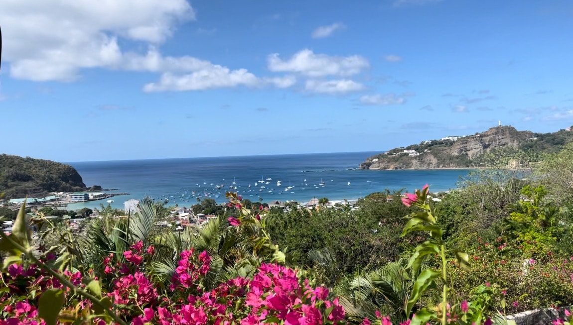 A panoramic view of the ocean is framed by vibrant pink flowers in the foreground. The coastline of Playa San Juan Del Sur is visible, dotted with boats, with lush greenery surrounding the area and hills rising in the background under a clear blue sky.