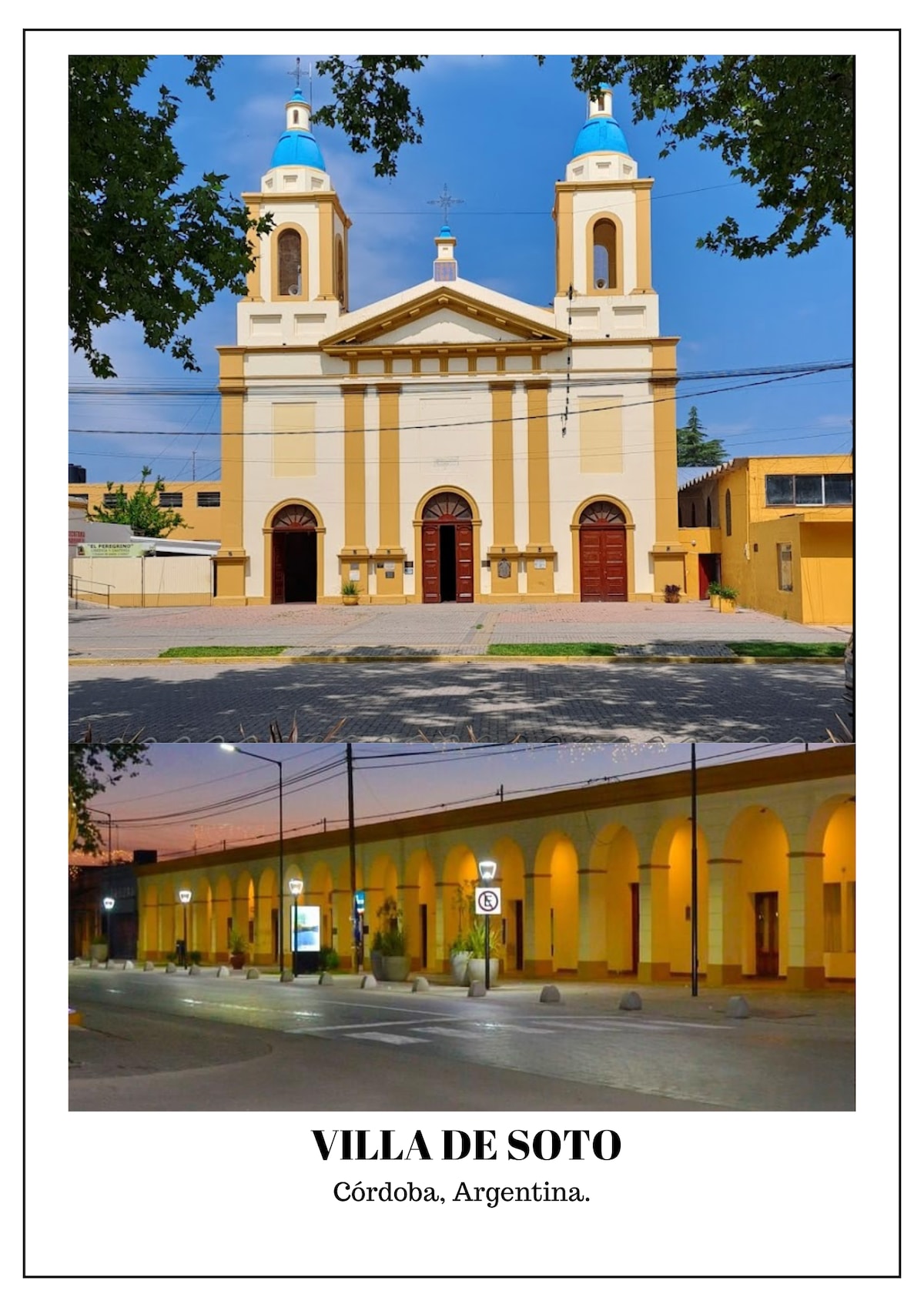 A historic building is showcased with elegant architectural details, including two towers crowned by blue domes. The structure is framed by trees, while the street in front is lined with stone pavement, leading to softly lit arches that create a welcoming pathway.