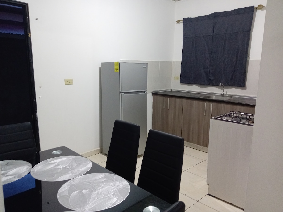 A modern kitchen area features a stainless steel refrigerator and a sleek countertop with cabinets below. A gas stove is positioned next to a washing machine. A dining table with four black chairs sits under a window covered by dark curtains, enhancing the clean design.