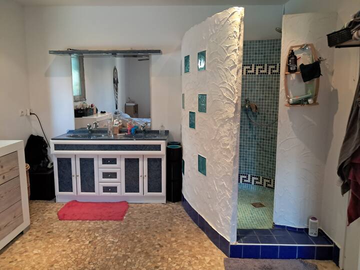 ที่อาบน้ำฝักบัวแบบวอล์คอินและอ่างล้างหน้ากระจกขนาดใหญ่ 2 อ่าง