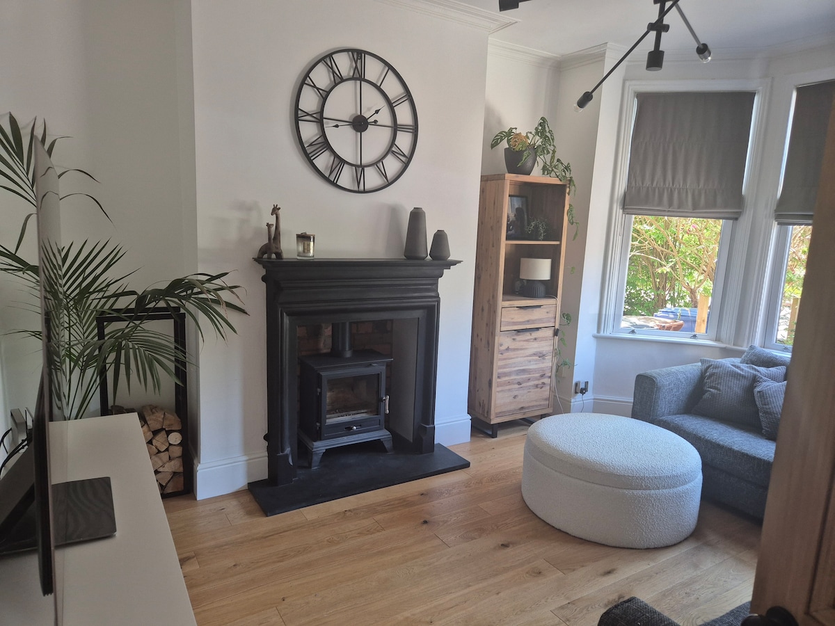 Living room with wood burning stove