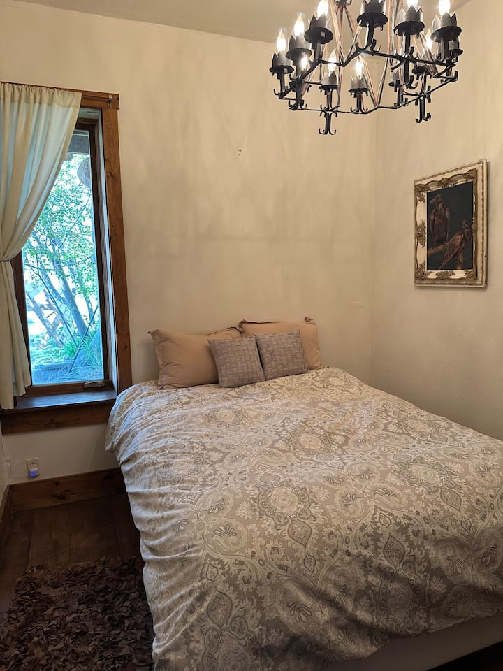 Lower level bedroom with queen bed and private bathroom.