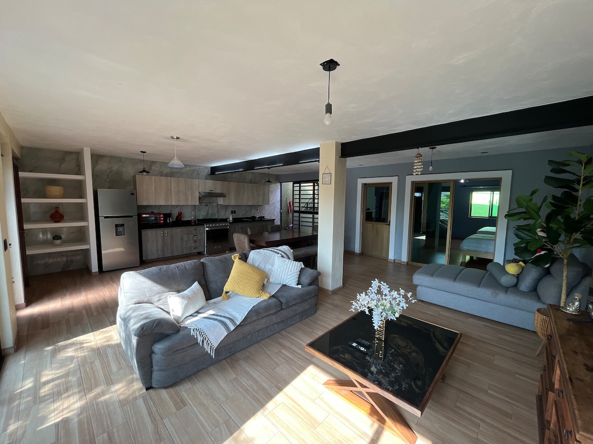 A spacious living area features a comfortable gray sofa with a yellow throw pillow, inviting relaxation. A dark coffee table sits at the center, adorned with a small vase of flowers. The well-lit kitchen area is visible in the background, with modern appliances and cabinetry.