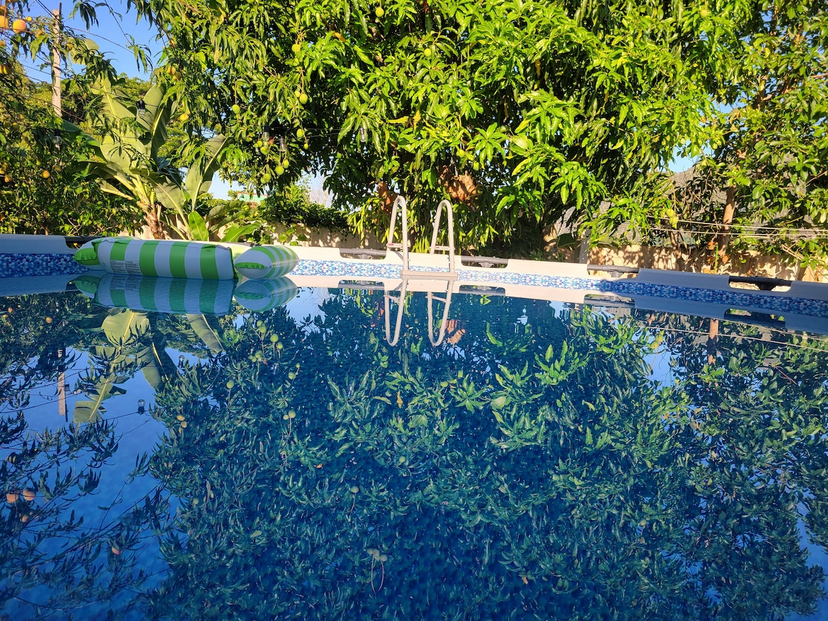 A serene swimming pool is surrounded by lush greenery, with reflections of the trees and a clear blue sky visible on the water's surface. A striped float rests on the pool's edge, and the steps lead down into the inviting water.