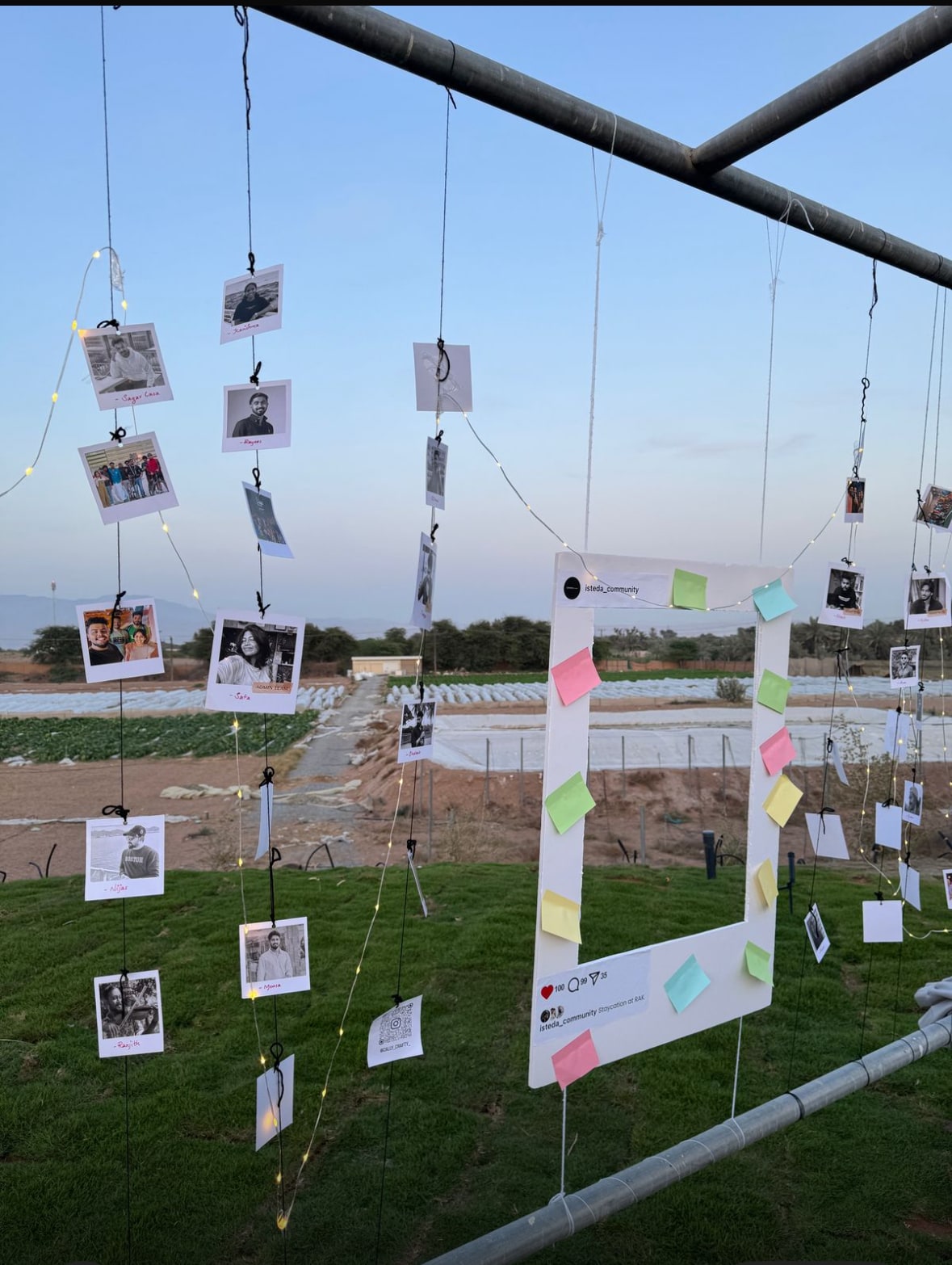 A collection of photographs and colorful sticky notes is displayed on a vertical frame, gently illuminated by soft lights. The backdrop features expansive farmland, with a clear sky transitioning to evening tones. Green grass beneath the frame enhances the serene atmosphere.