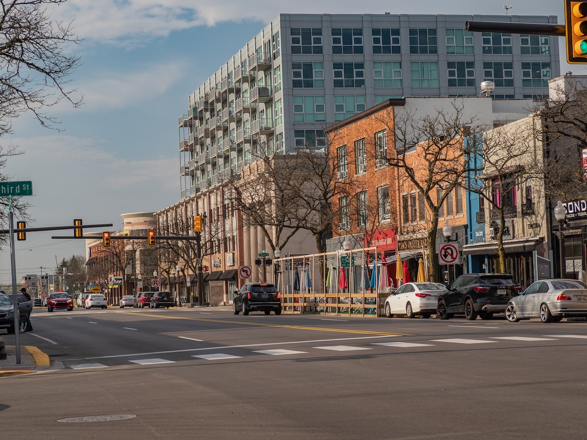 A bustling street scene in Downtown Royal Oak captures a mix of modern apartment buildings and traditional storefronts. Traffic lights and signage indicate busy intersections, while parked cars line the street. Trees with late winter foliage frame the view, contributing to the urban atmosphere.