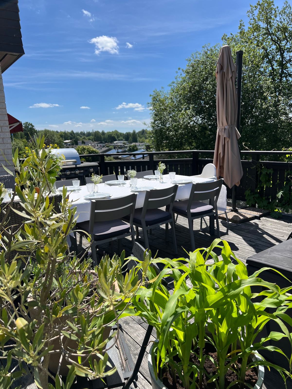 An outdoor dining area is set with a long table surrounded by chairs. A large umbrella provides shade, while green plants add a touch of nature. The deck offers views of the surrounding landscape, contributing to a serene atmosphere.