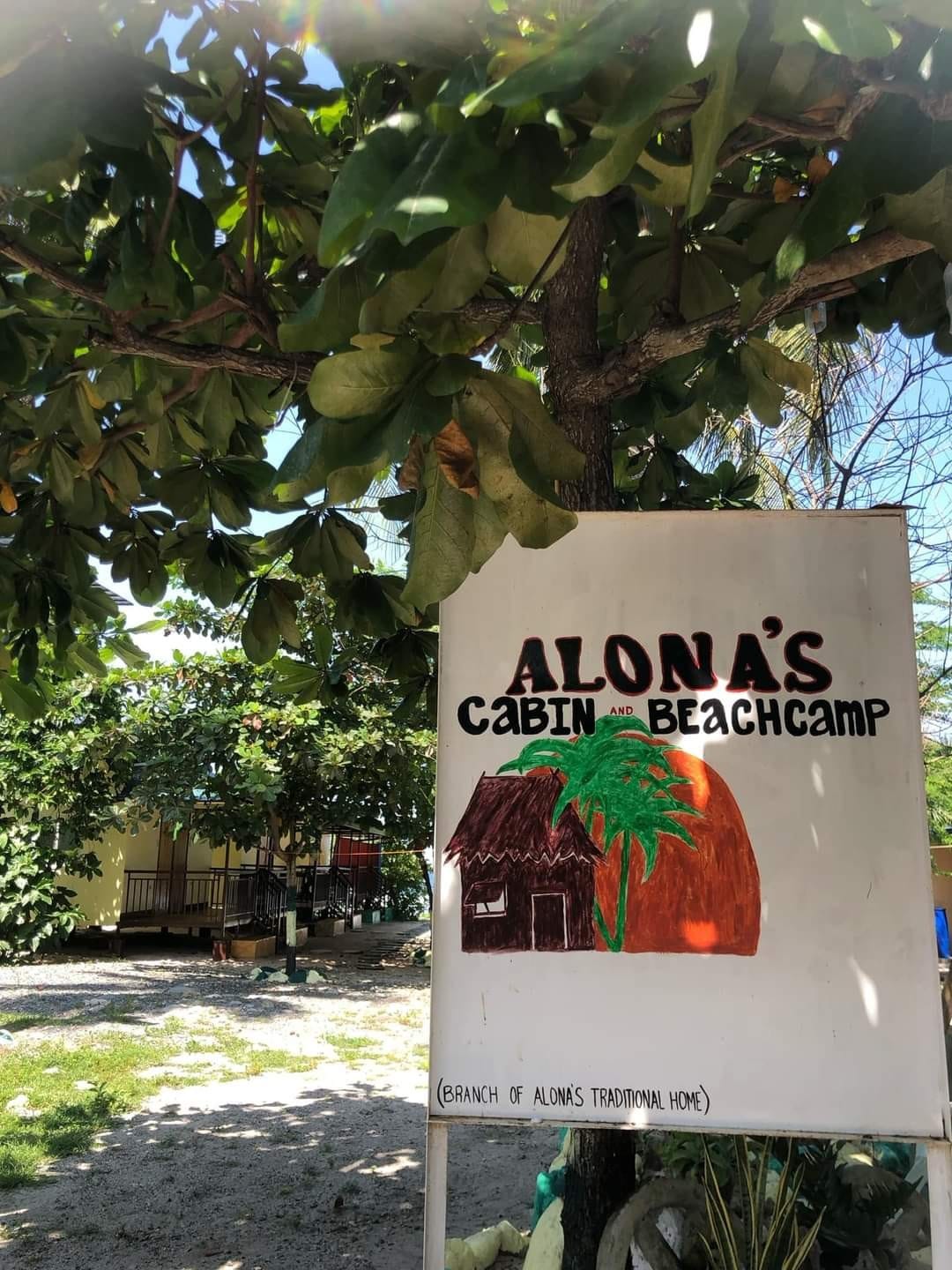 A sign for Alona's Cabin and Beachcamp is viewed in front of lush green foliage. The sign features a drawing of a cabin and palm tree, and it is positioned near a clearly visible tree. The background shows other cabins nestled among the greenery.