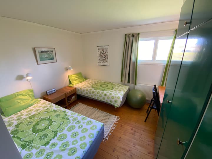 Habitación tranquila orientada al norte con 2 camas individuales que se pueden juntar, armario grande, mesa de trabajo, pelota de ejercicios para fortalecer la espalda (se puede guardar en el garaje). 