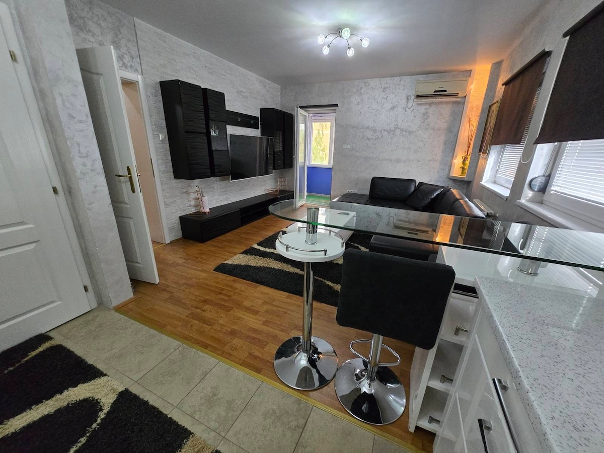 A modern living space is showcased with sleek black furniture and wooden flooring. A black leather sectional sofa is positioned near a large TV unit, while a glass dining table with chrome chairs is visible in the foreground. Natural light streams through the window, illuminating the room.