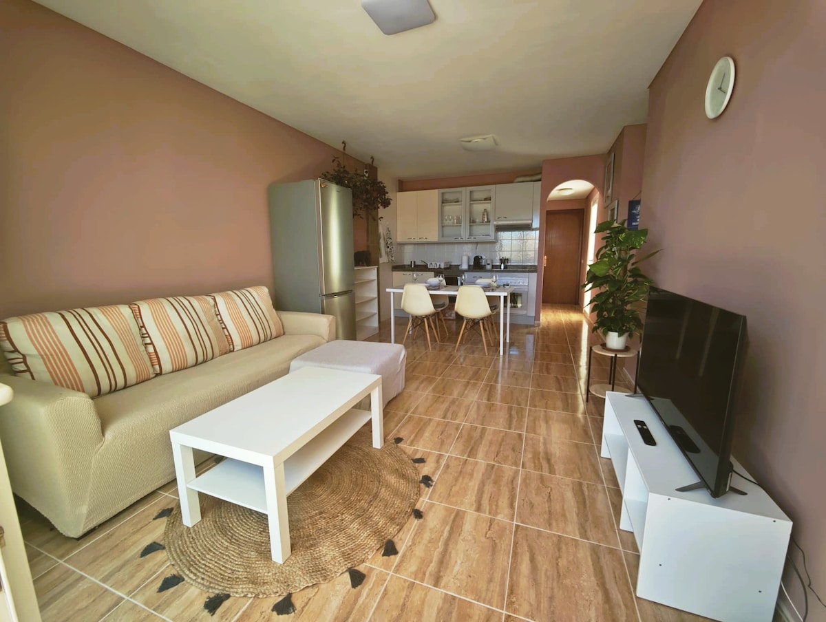 A cozy living area features a light-colored sofa adorned with striped cushions, paired with a compact coffee table. A dining space is visible in the background, equipped with modern chairs. A flat-screen television rests on a white stand, while a potted plant adds a touch of greenery.