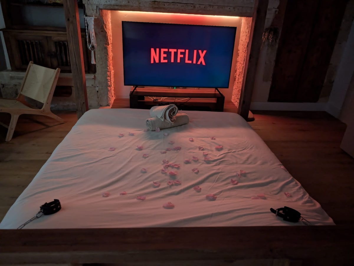 A spacious bed is centrally positioned in the room, with decorative petals scattered across the white bedding. A large television screen displays the Netflix logo against a softly lit backdrop, enhancing the ambiance. Two black restraints are placed on either side of the bed.