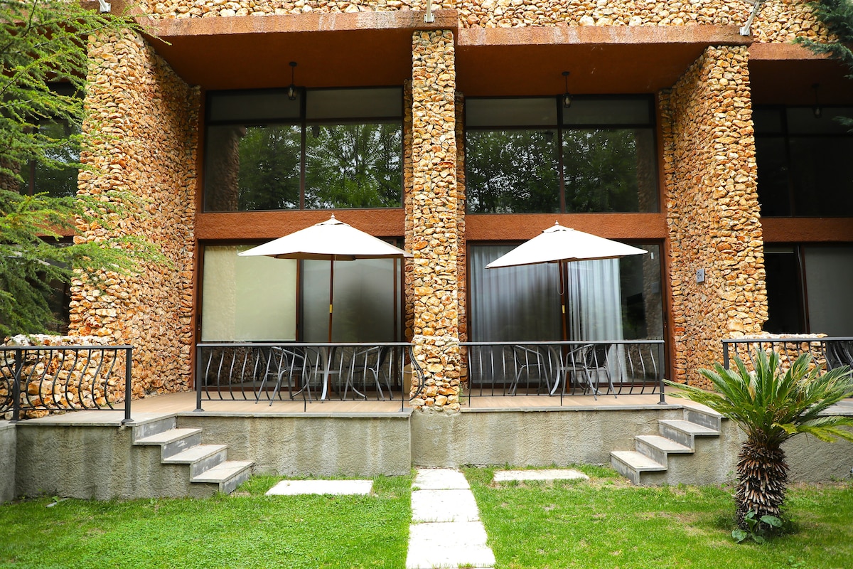The exterior features a textured stone facade with large windows. Two umbrellas shade a pair of outdoor tables and chairs on a patio, which is surrounded by well-maintained grass and a small palm tree. Steps lead from the patio to the grassy area.