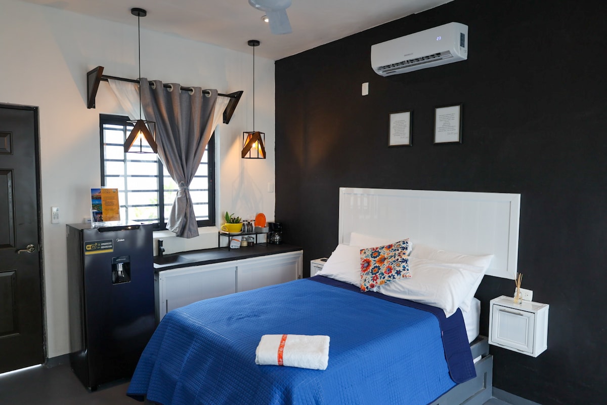 The sleeping area features a spacious bed with a blue coverlet and decorative pillow. A minimalist nightstand is positioned beside the bed. A wall-mounted air conditioning unit and decorative lighting fixtures complement the modern design. Natural light enters through a window with gray and white drapes.