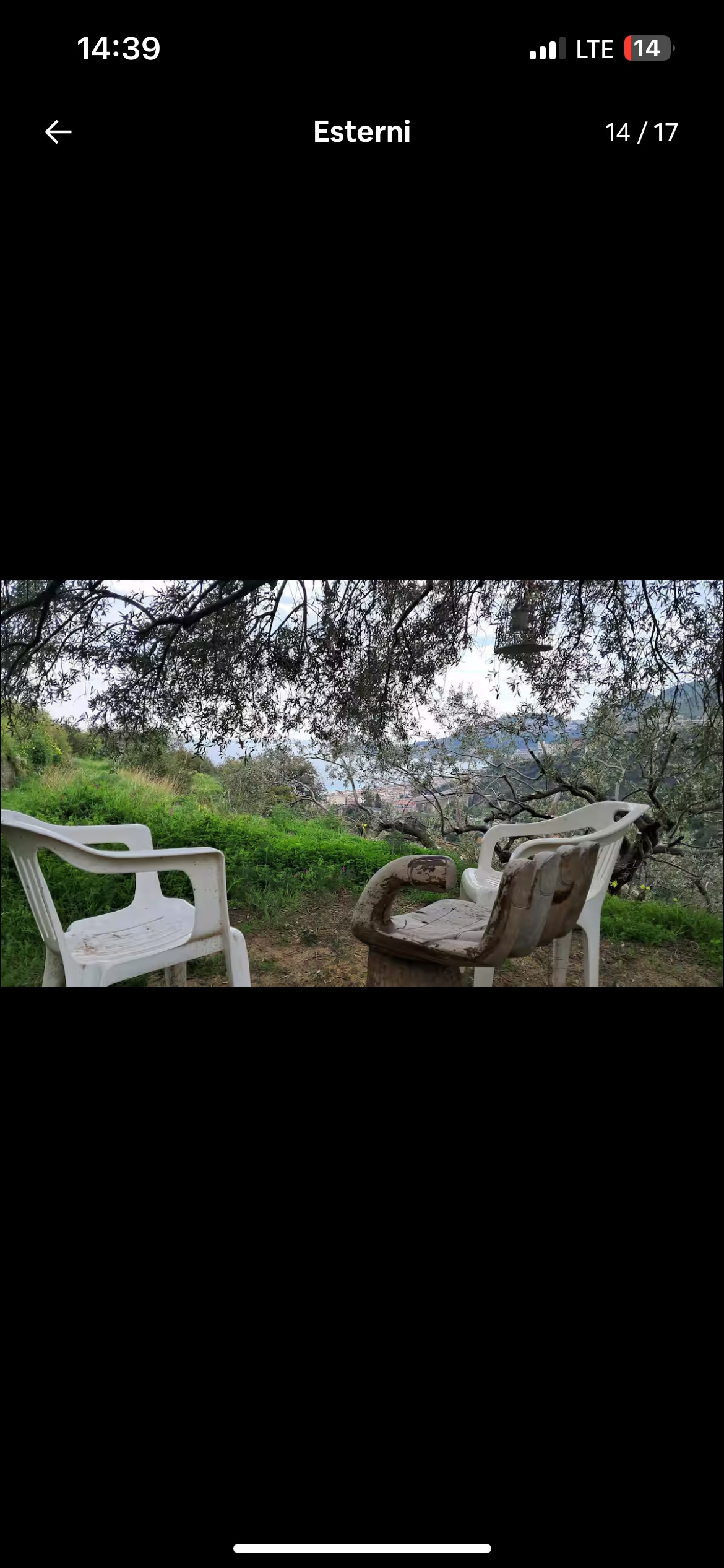 Two simple white chairs are positioned on a grassy area, overlooking a serene natural landscape. The chairs are placed beneath a tree, providing shade, with greenery surrounding them and a glimpse of water visible in the background.