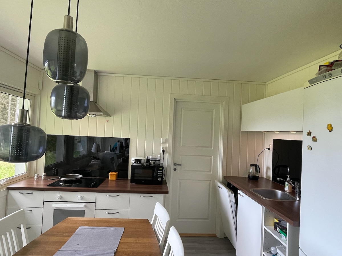 A modern kitchen is showcased, featuring a combination of white cabinets and wood countertops. Stainless steel appliances are positioned strategically, with pendant lights hanging above a dining area that includes a wooden table surrounded by chairs. Large windows allow natural light to fill the space.