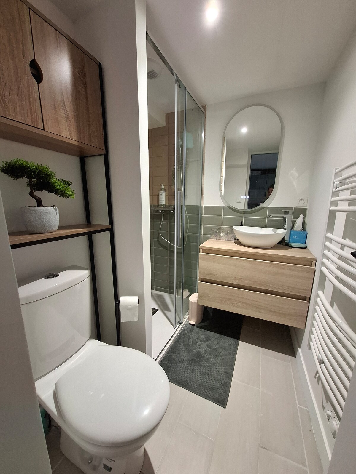 The bathroom features a modern design with light-colored tiles. A compact shower enclosure is positioned next to a wooden vanity with a round basin. Above the vanity, a large mirror reflects the space. A small plant decorates an adjacent shelf. A heated towel rack is visible.