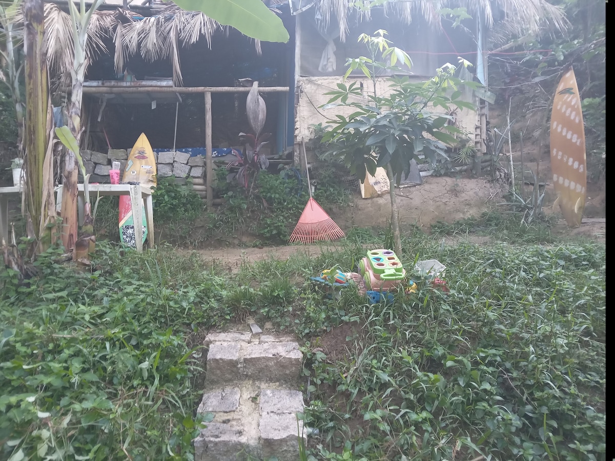 A garden area is presented, featuring lush green grass and various plants. A pathway leads to a rustic structure in the background, complemented by surfboards propped against the wall. A colorful children's toy is positioned on the ground, adding a playful touch to the setting.