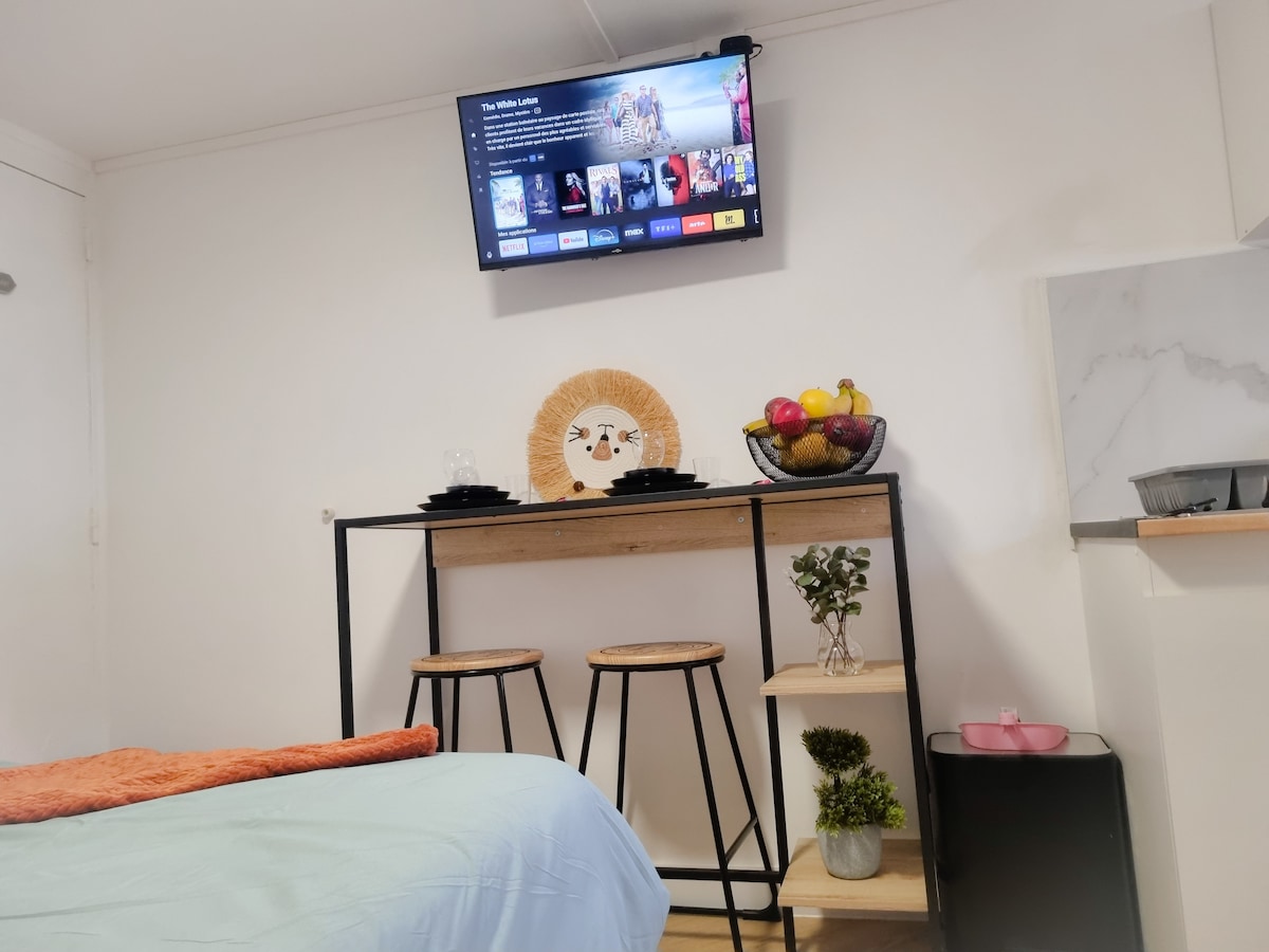 A compact living area features a wall-mounted TV displaying a selection of media options. A bar table with two stools is positioned nearby, adorned with a decorative platter and a bowl of fresh fruit. A small plant adds a touch of greenery to the space.