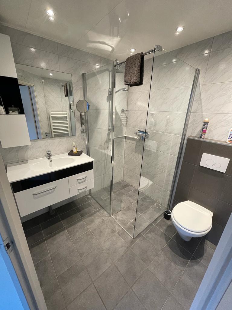 A modern bathroom features a spacious walk-in shower enclosed in glass. A broad vanity with a sink is positioned beneath a mirror, complemented by light-colored cabinetry. The flooring is tiled in a deep gray, providing a sleek and clean appearance.