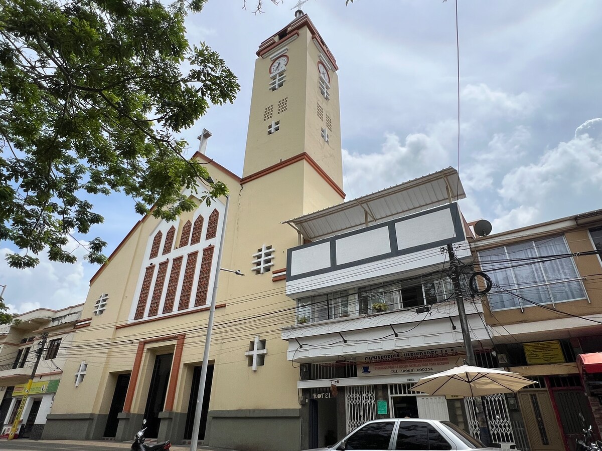A historic building stands tall against a cloudy sky, featuring a large clock tower and distinctive architectural details. The facade showcases multiple arched windows, and a tree partially shades the scene, with shops and streetscape visible at the base.