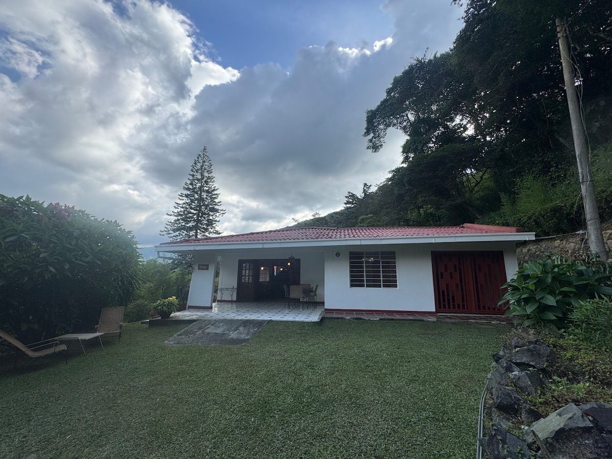 The exterior of a single-story house is captured under a cloudy sky. Lush greenery surrounds the property, with a well-maintained lawn and flowering shrubs. A red roof adds a pop of color, while large windows invite natural light into the interior spaces.