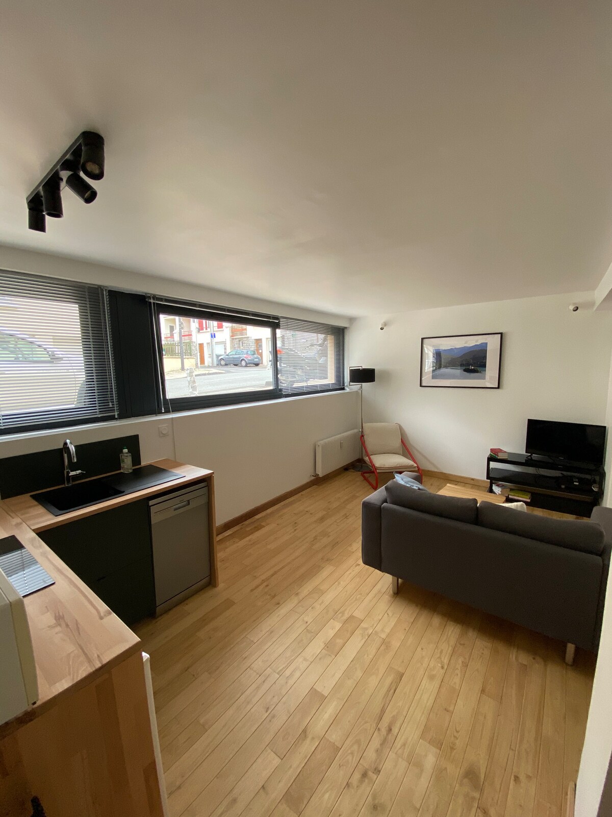 The living area features a modern design with large windows allowing natural light to fill the space. A comfortable sofa is positioned near a flat-screen television, while a small kitchenette with essential appliances is visible. Warm wooden flooring adds a cozy touch to the room.