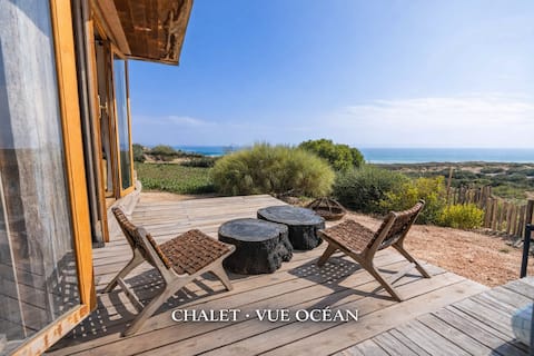 Wooden chalet with a terrace overlooking the ocean