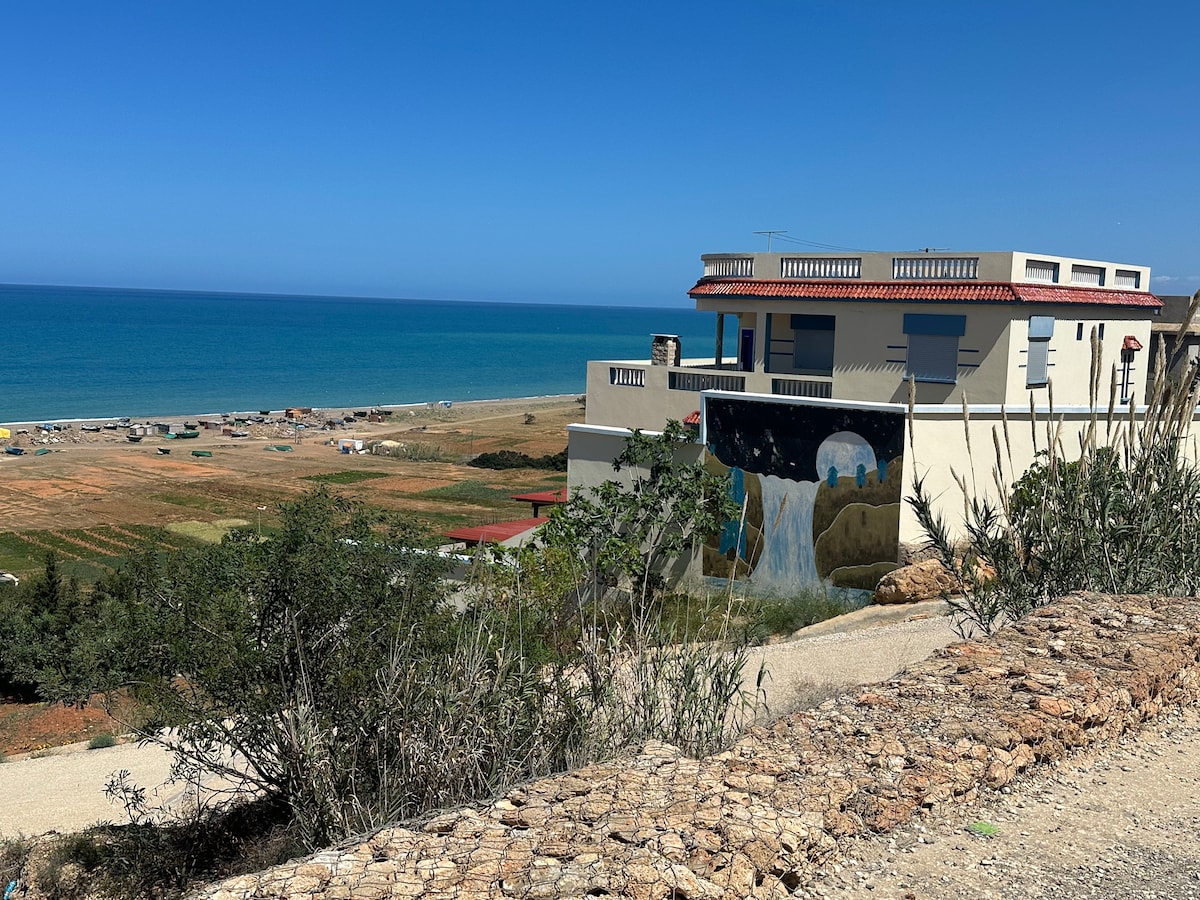 A coastal house is positioned on a hillside, showcasing a scenic view of the beach and ocean. The exterior features a mural depicting a waterfall. Green vegetation frames the pathway leading to the home, with the expansive sea visible in the background under a clear blue sky.