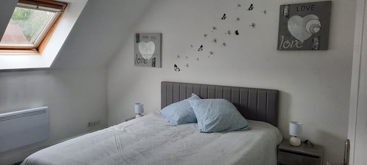 Chambre avec lit 160 cm et dressing.