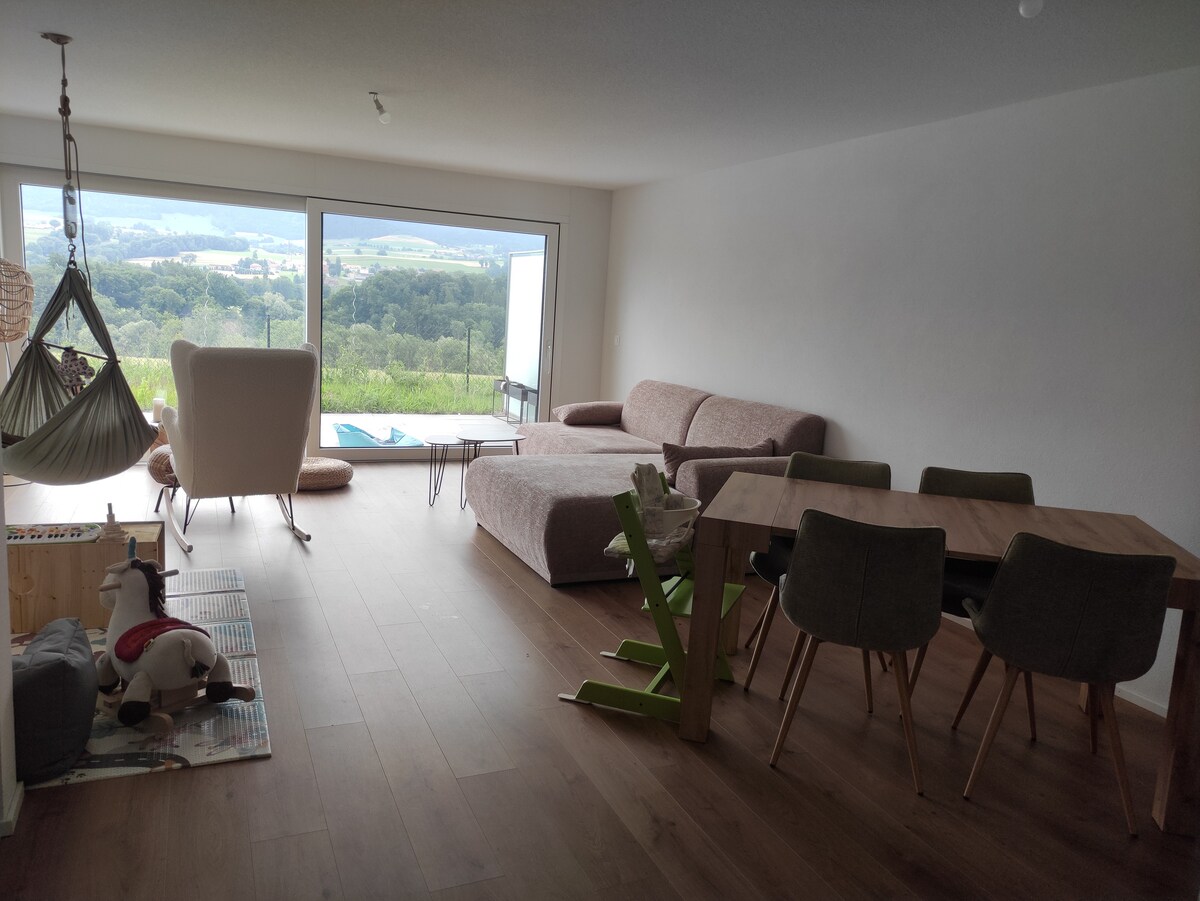 A contemporary living space features a large window framing a serene view of the countryside. A comfortable sectional sofa and a cozy armchair provide relaxing seating options, while a dining table accommodates four. A hammock adds a playful touch, and wooden flooring enhances the warm atmosphere.