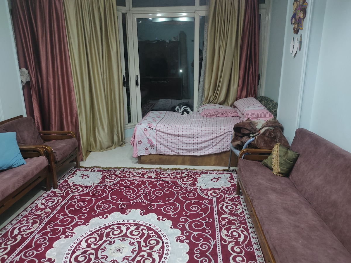 A cozy room features a spacious bed dressed in light pink bedding, accompanied by two brown couches and decorative cushions. A patterned area rug covers the floor, and large glass doors provide an abundance of natural light. Soft drapes frame the windows, adding warmth.