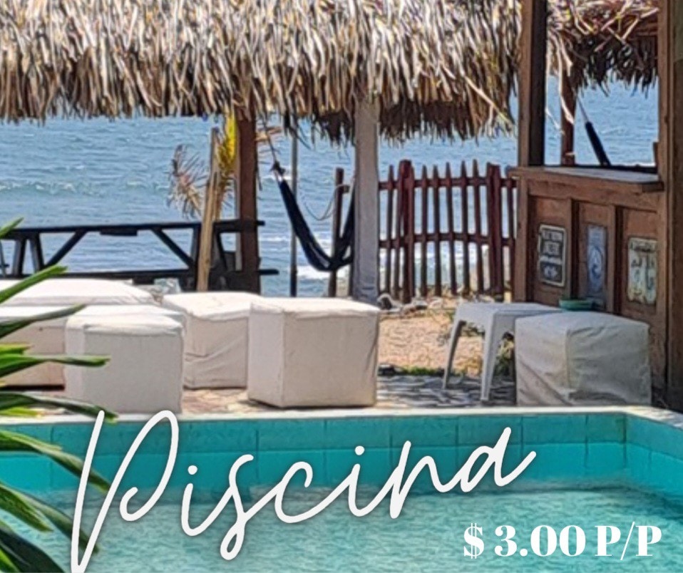 A serene pool area is presented, featuring a light blue water surface surrounded by white seating. Palm-thatched roofs provide shade, while the ocean view is visible in the background. A hammock and a wooden table are also included in the outdoor space.