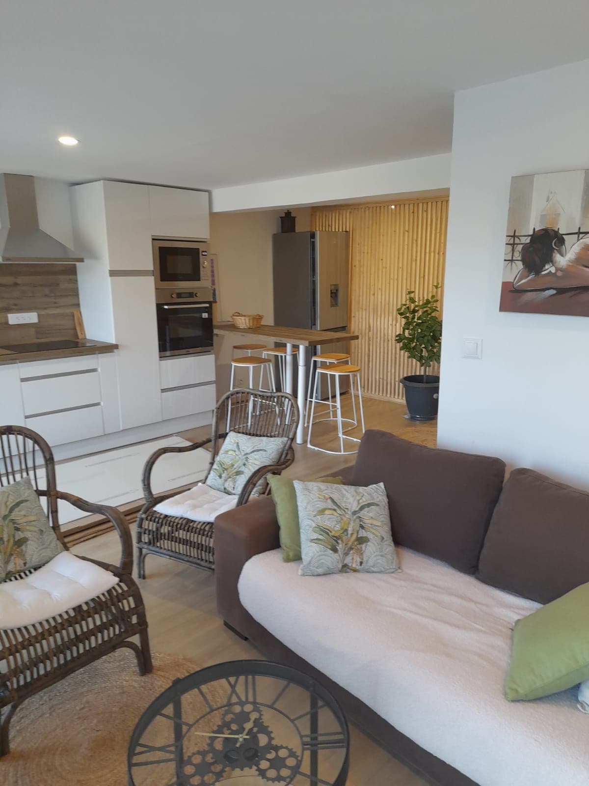 An open-plan living area features a comfortable sofa adorned with decorative pillows, alongside two woven chairs. A dining area with high stools is visible near a modern kitchen, which includes stainless steel appliances and clean lines. Natural light brightens the space.