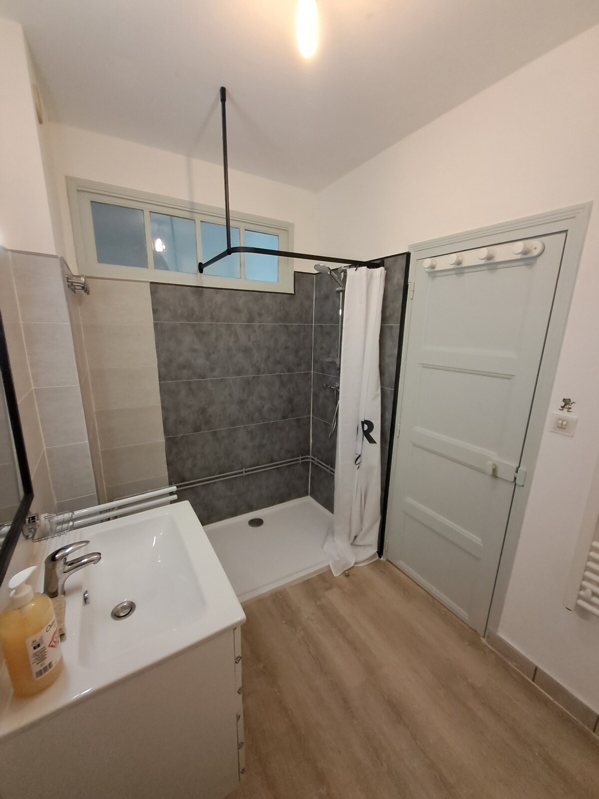 A bathroom is shown featuring a modern shower area with a glass partition. A white basin with a faucet is positioned next to the shower. The floor is finished with light wood, and soft natural light enters through a window. A door provides access to the hallway.