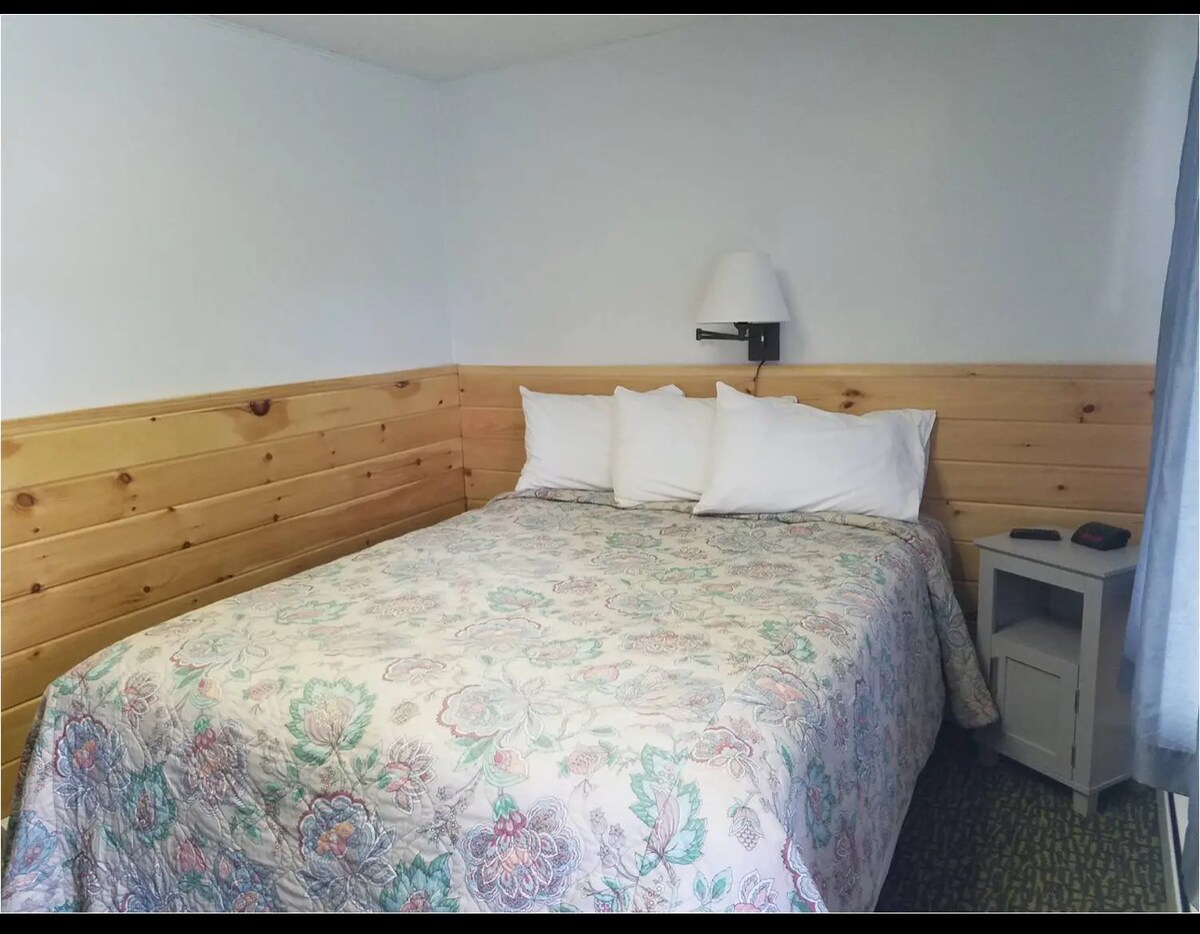 A private motel room features a spacious bed adorned with floral-patterned bedding and multiple white pillows. A bedside table is positioned next to the bed, with a lamp mounted on the wall above for convenience. The wood paneling offers a natural touch to the room's decor.
