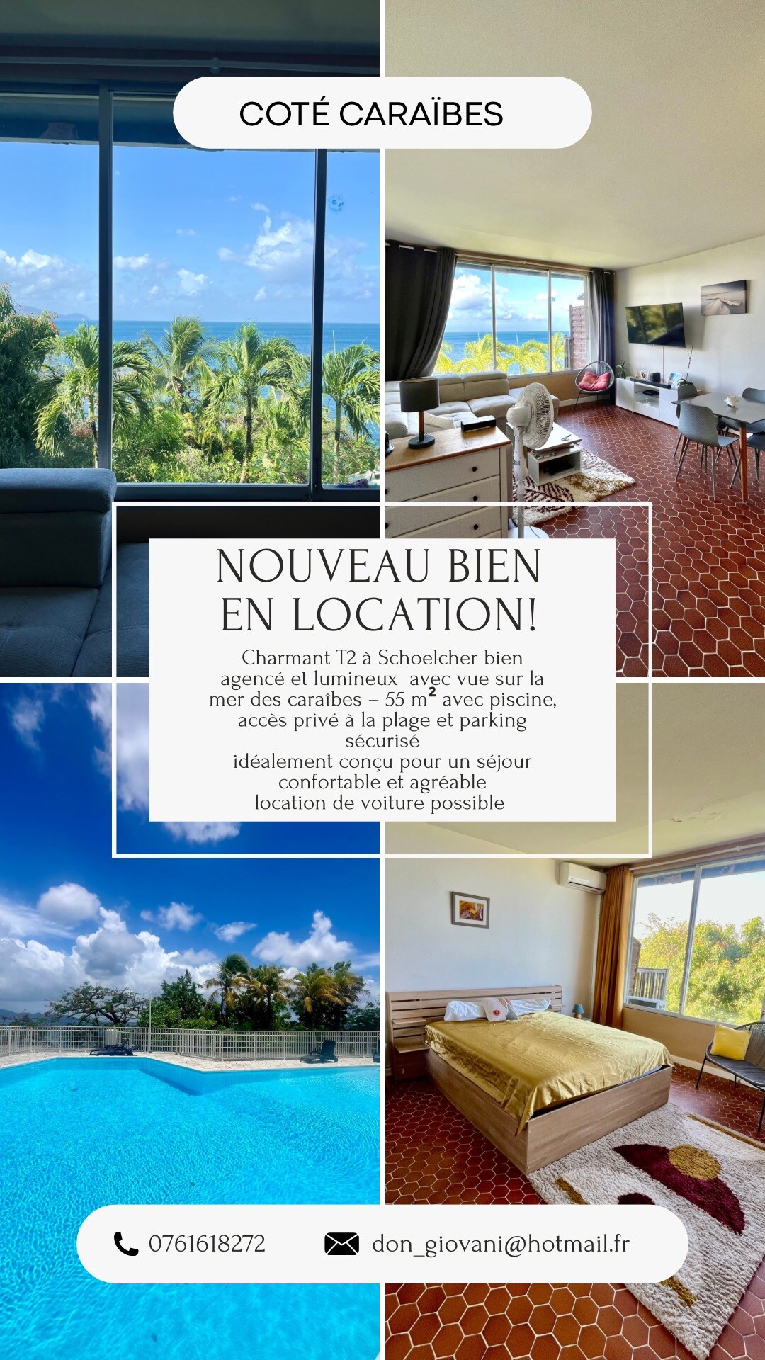 An exterior view captures the tranquil ambiance of the Caribbean residence, featuring palm trees and the inviting blue pool. An interior scene illustrates a well-furnished living area with large windows, allowing ample natural light to fill the space, complemented by a comfortable sleeping area.