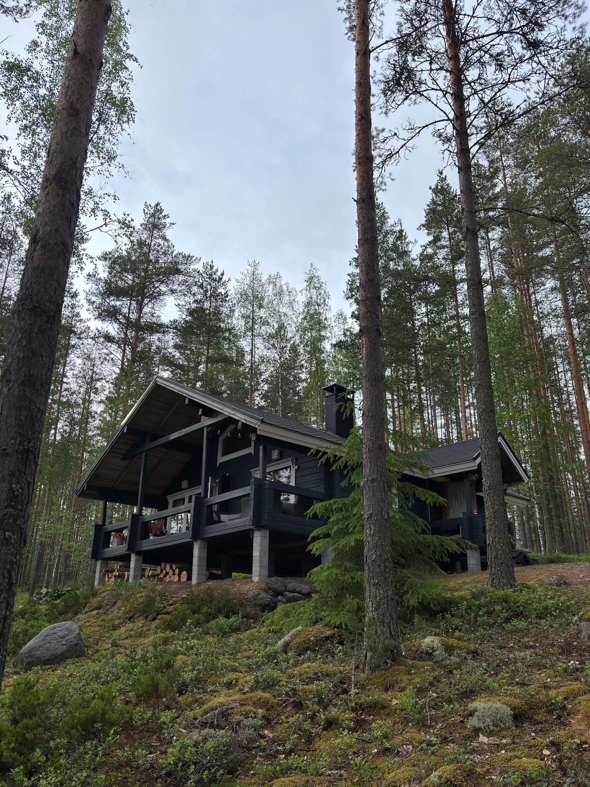 A dark wooden cabin is nestled among tall trees and greenery, showcasing a sloped roof and expansive deck. Natural surroundings enhance the peaceful atmosphere. Stacked firewood is visible below the deck, completing the rustic exterior.