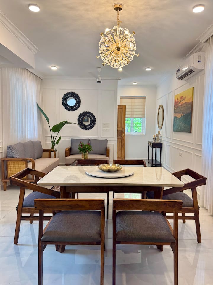 A sleek, minimalist dining space with clean lines and a neutral palette.