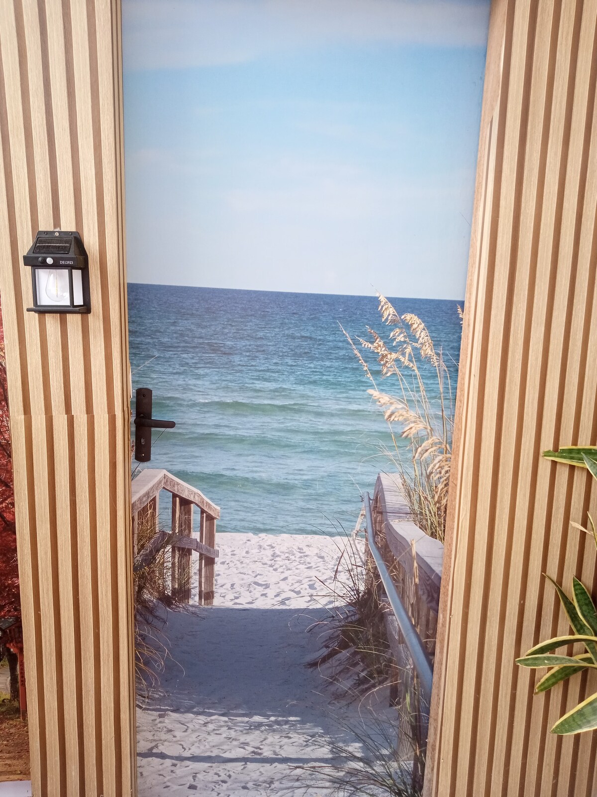 An ocean view is depicted through an entrance, featuring sandy beach and gentle waves. A wooden pathway leads to the shore, flanked by tall grass, creating a serene coastal atmosphere. The light blue sky meets the horizon, adding a sense of openness.
