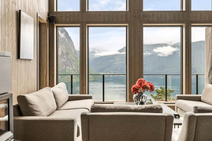 Living room with panoramic view and fireplace