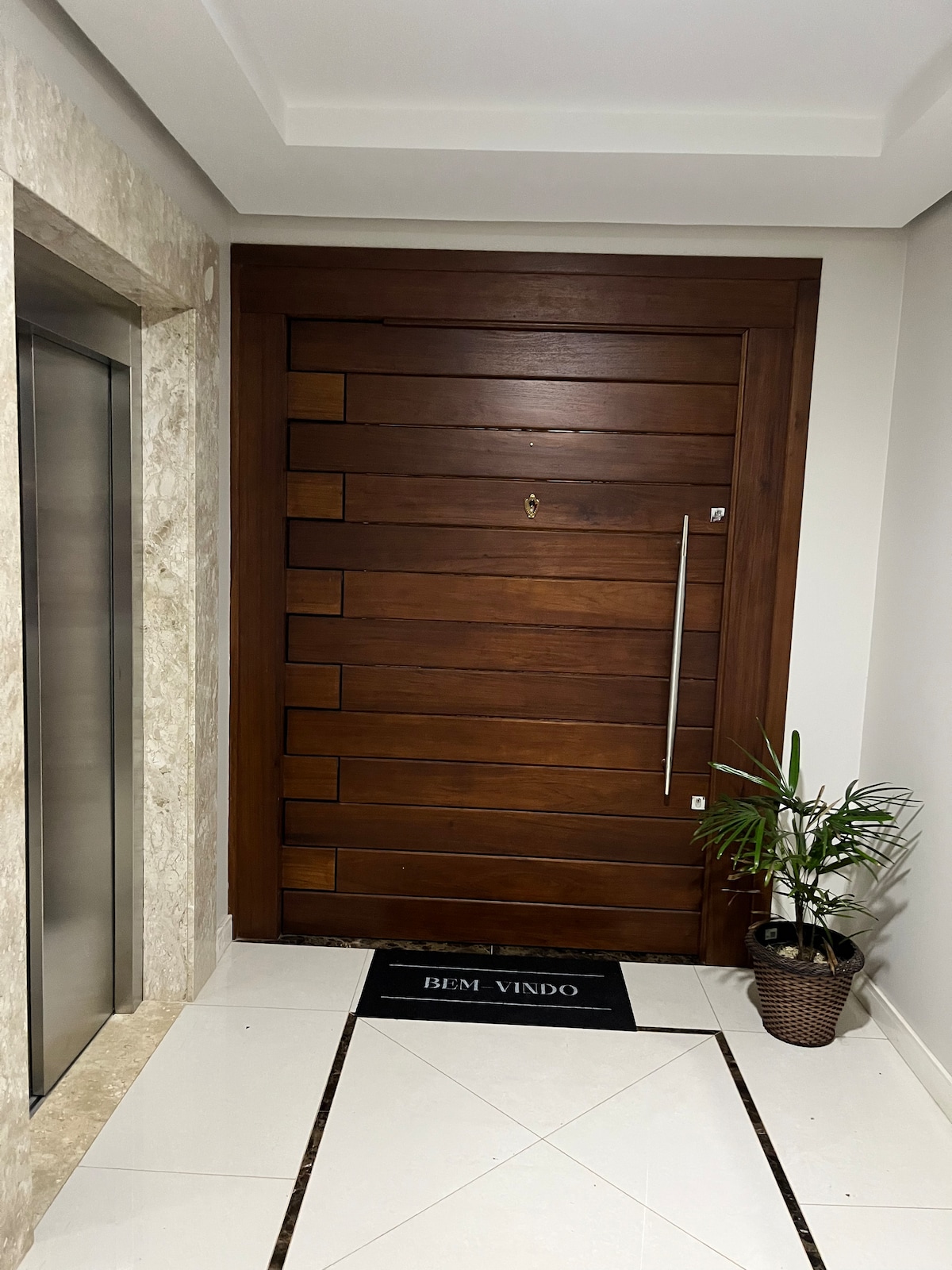A wooden door with a unique panel design stands at the entrance, complemented by a polished stone wall. A small potted plant sits beside the door on the glossy white tile floor. An elevator is visible to the left, creating a functional entryway.