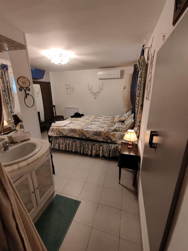 חדר שינה ראשי עם כיור ומקלחת
ארונות אחסון 
Chevalet 
2 שידות לילה 
2 מנורות
כיסא אחד
מראה 
קריאה 
