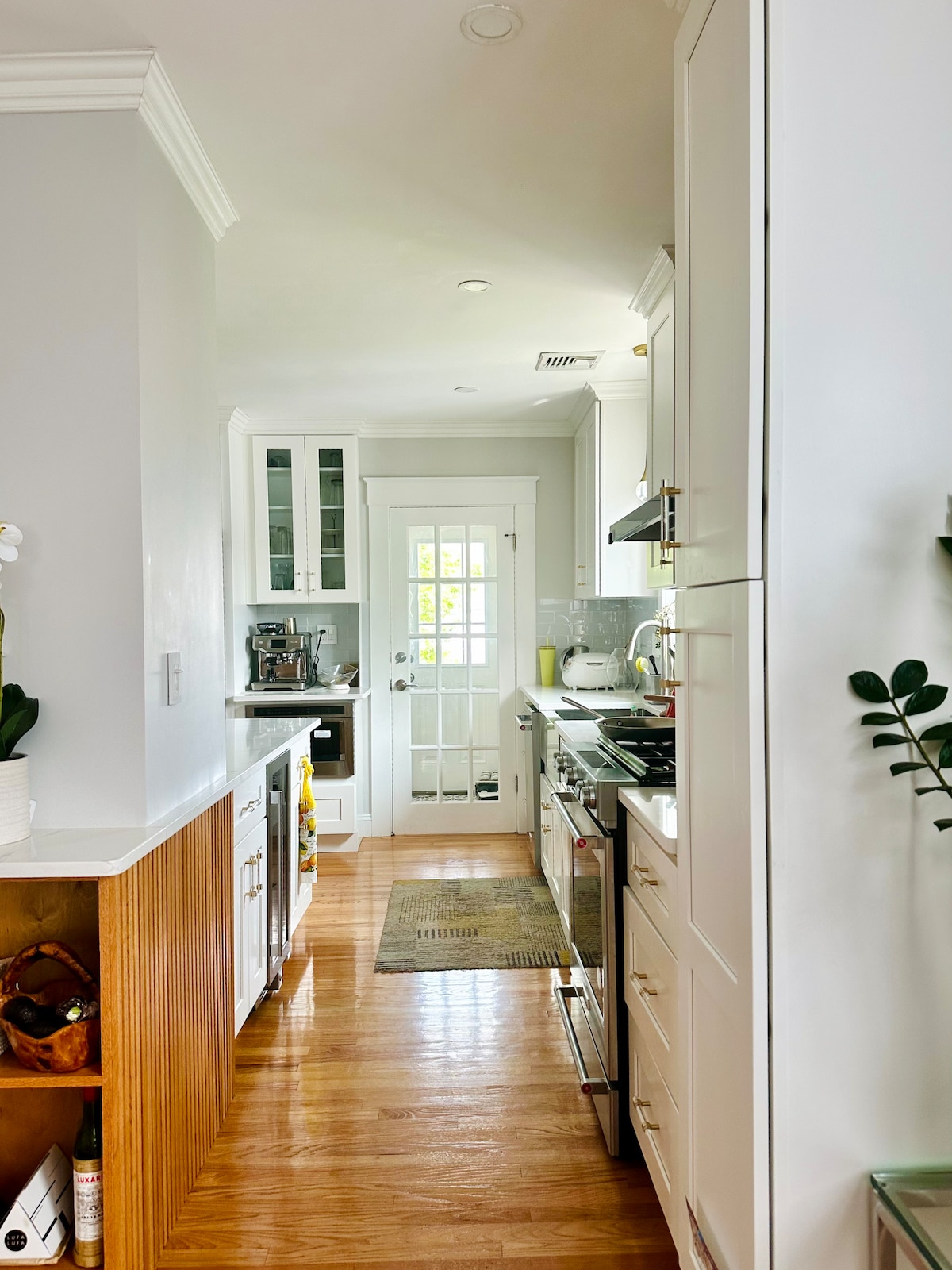 A narrow kitchen space features sleek white cabinetry and stainless steel appliances. Light wood flooring extends throughout, while a small area rug adds texture. Natural light filters through a glass door leading to the outdoors. Glass-front cabinets display kitchenware, enhancing the open feel.