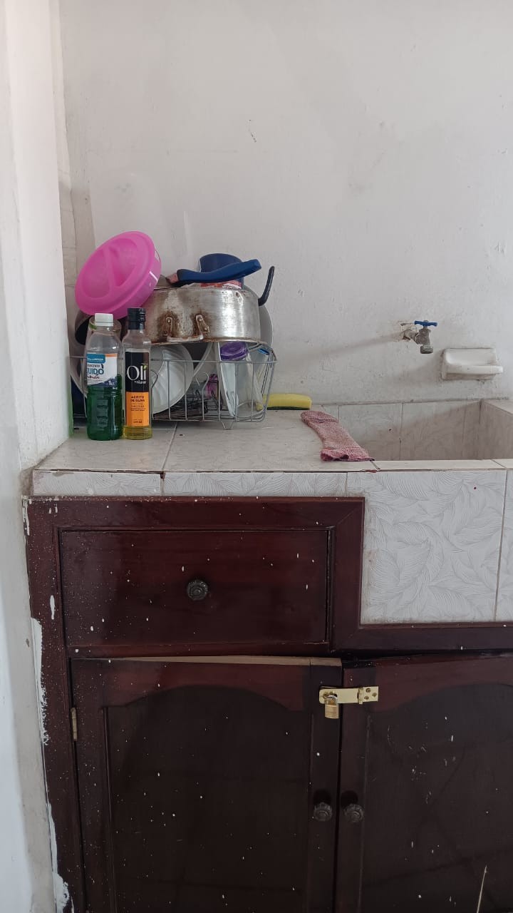 A practical kitchen area is shown with a stainless steel sink installed above a wooden cabinet. Various cleaning supplies and utensils are stored on the adjacent countertop, including a pot, bottles, and containers, providing an organized space for meal preparation.