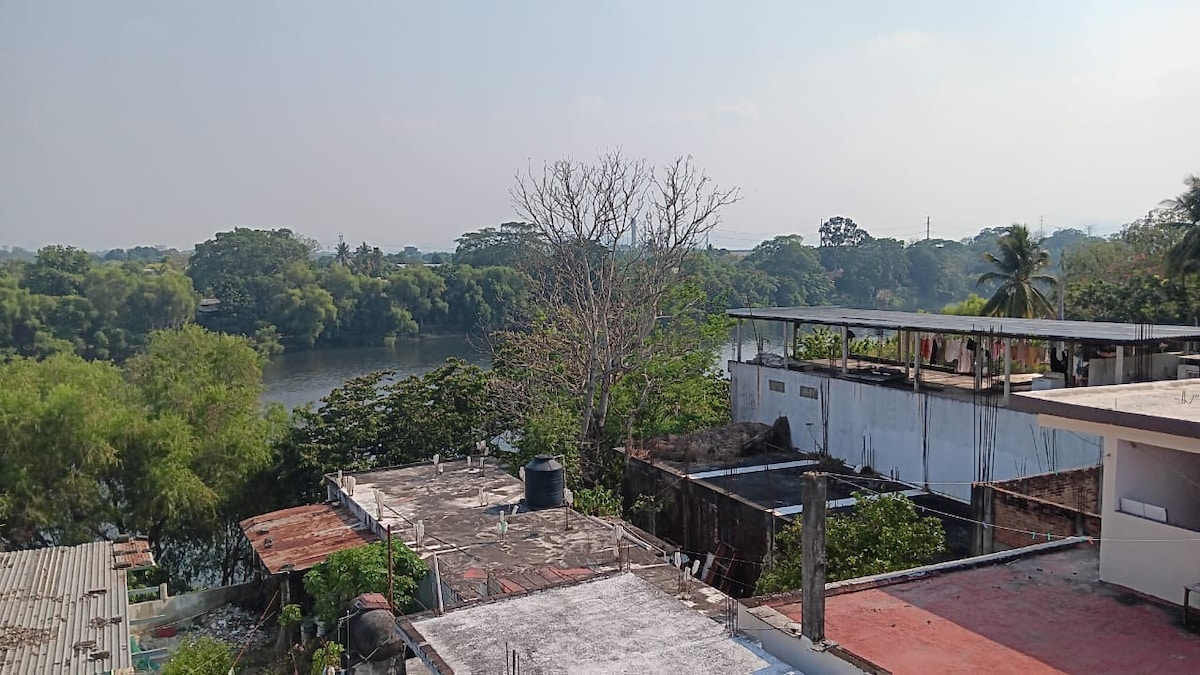 A rooftop view reveals a serene landscape with a river bordered by lush greenery. The rooftops of nearby buildings are visible, showcasing a mix of textures and structures. A few clothes hang on a line, and a bare tree stands in the foreground.