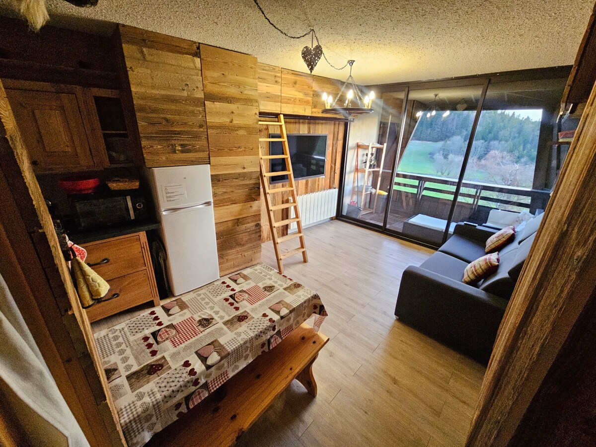 A cozy studio space features wooden accents and a combination of modern furnishings. A dining table is complemented by a kitchenette, with a refrigerator nearby. A convertible sofa faces a large window, offering views of the scenic landscape beyond. A ladder leads to a sleeping loft.