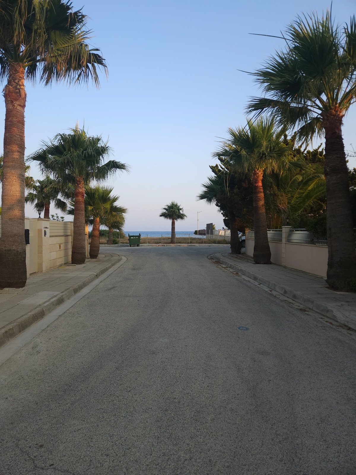 A quiet street lined with tall palm trees leads toward a glimpse of the ocean in the distance. The road is paved with a smooth surface, bordered by white walls. Trash bins are positioned along the side, indicating a residential area.